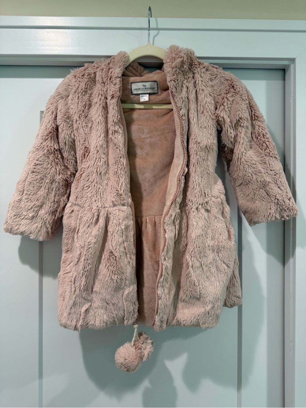 American Widgeon Soft Plush Kids Faux Fur Coat with Pom Trim — Blush 6X